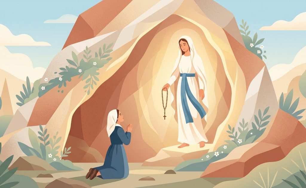 Novena to Our Lady of Lourdes - a lit candle in front of the stylized representation of the Massabielle grotto